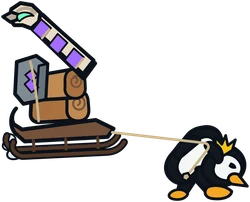 A Rockhopper penguin hauling a loaded expedition sled